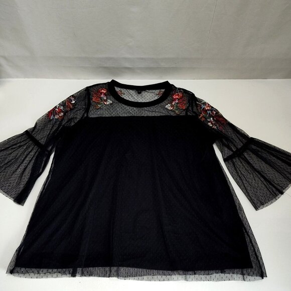 Torrid Black Floral Embroidered Mesh Tunic Top 3/4 Bell Sleeves Women's Size 1 - Picture 4 of 8